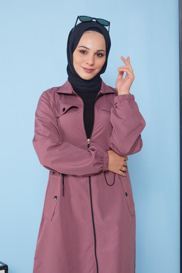 Belden Bağcıklı Tesettür Trençkot-3101 Gülkurusu