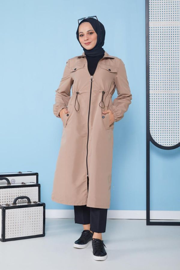 Belden Bağcıklı Tesettür Trençkot-3101 Bej