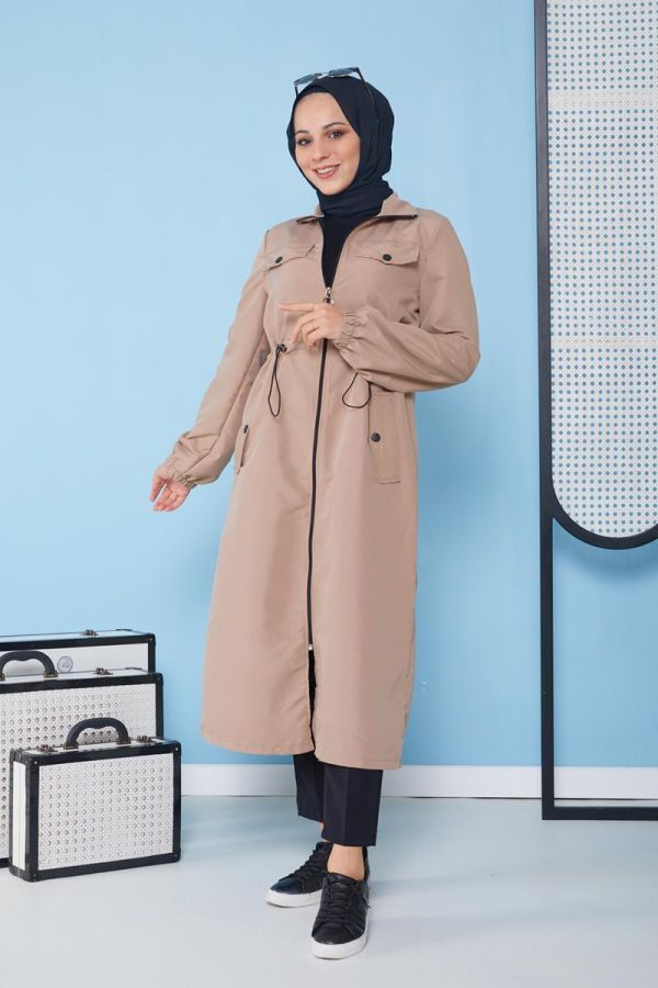 Belden Bağcıklı Tesettür Trençkot-3101 Bej
