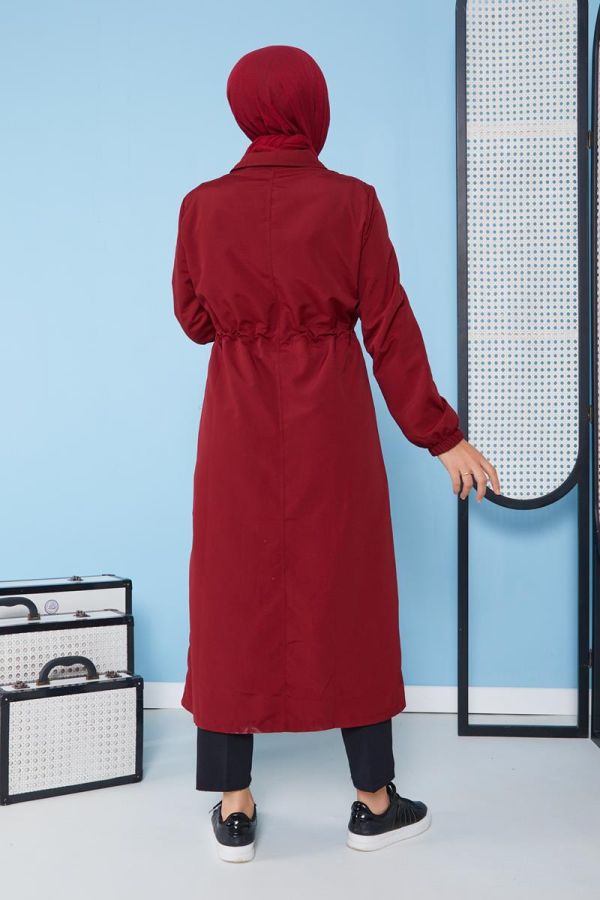 Belden Bağcıklı Tesettür Trençkot-3101 Bordo