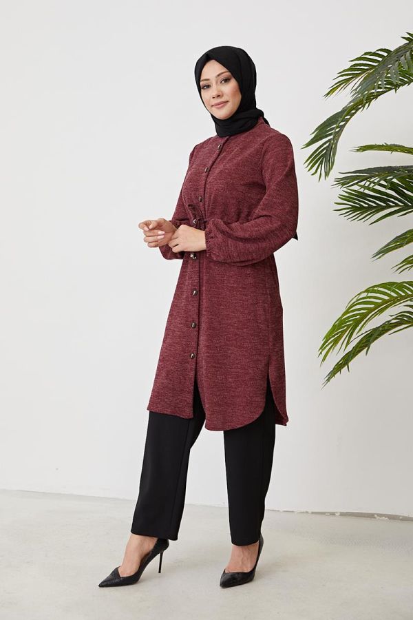 Belden Bağcıklı Tesettür Tunik-3060 Bordo - 4