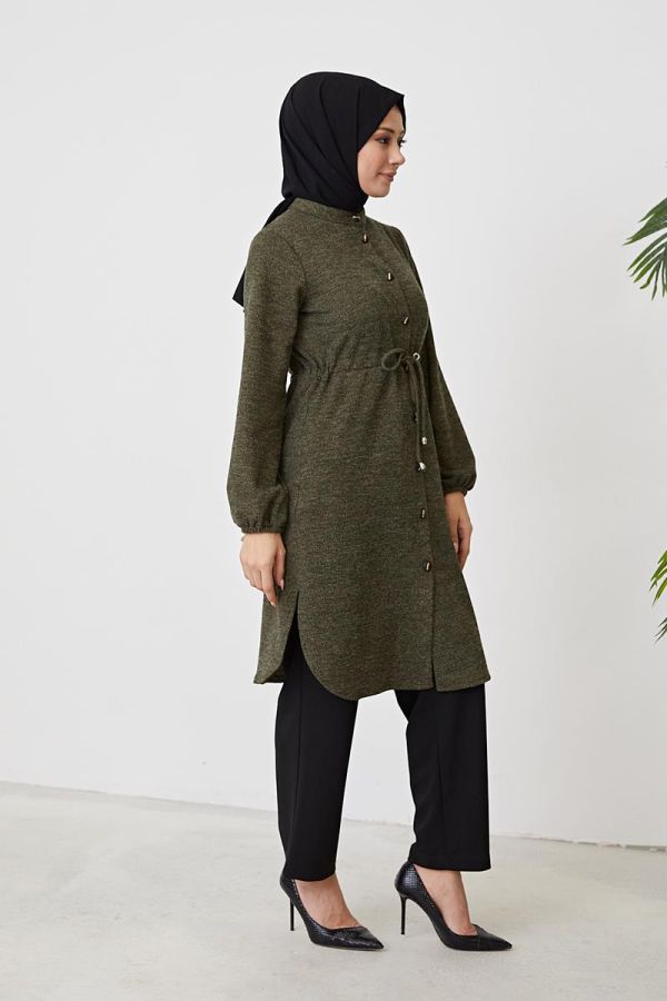 Belden Bağcıklı Tesettür Tunik-3060 Haki Yeşili - 3