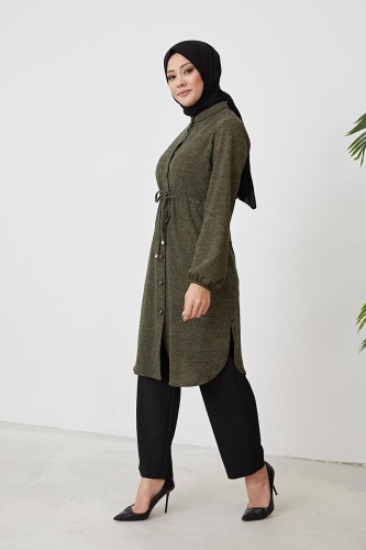 Belden Bağcıklı Tesettür Tunik-3060 Haki Yeşili - 4