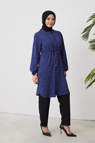 Belden Bağcıklı Tesettür Tunik-3060 Mavi - 4