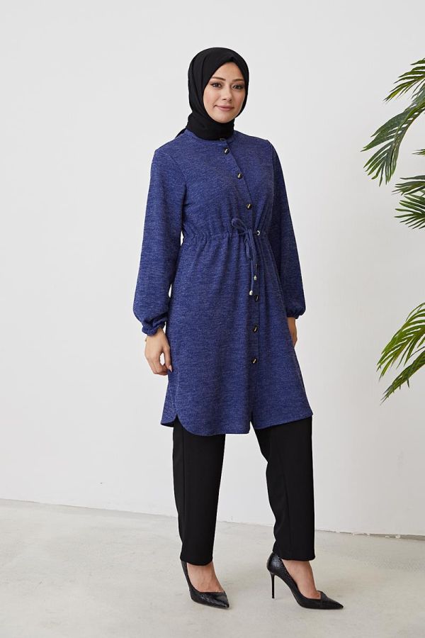 Belden Bağcıklı Tesettür Tunik-3060 Mavi - 4