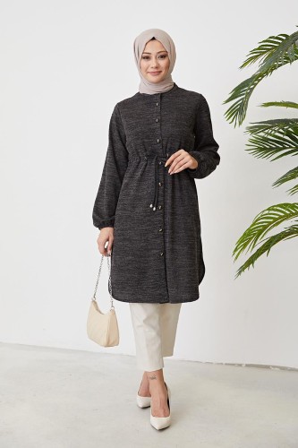 Belden Bağcıklı Tesettür Tunik-3060 Siyah 
