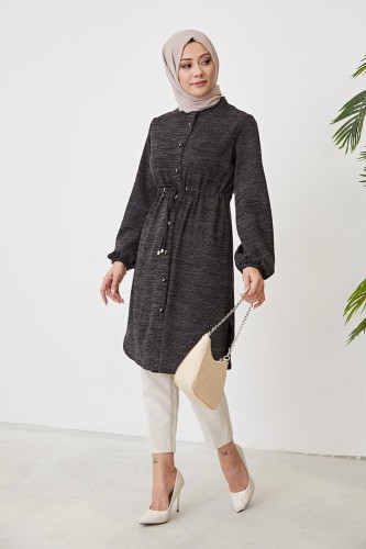 Belden Bağcıklı Tesettür Tunik-3060 Siyah - 2
