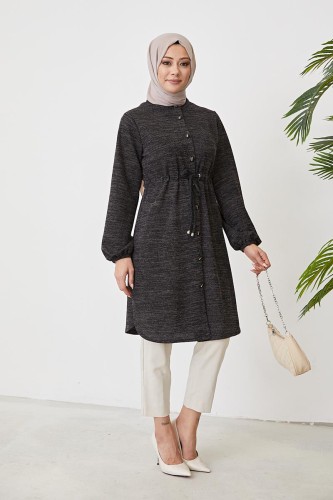 Belden Bağcıklı Tesettür Tunik-3060 Siyah - 3