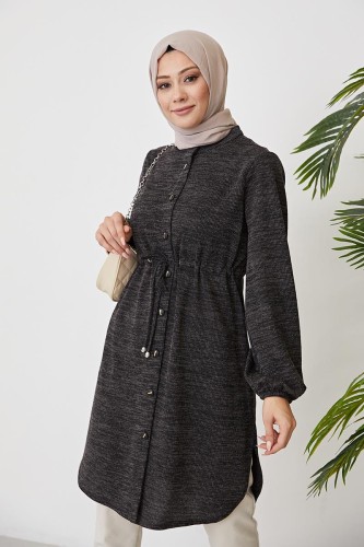 Belden Bağcıklı Tesettür Tunik-3060 Siyah - 5