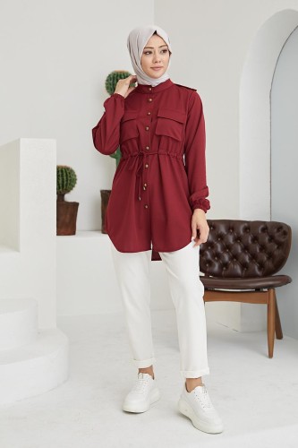 Modaebva - Belden Bağcıklı Tunik-5071 Bordo