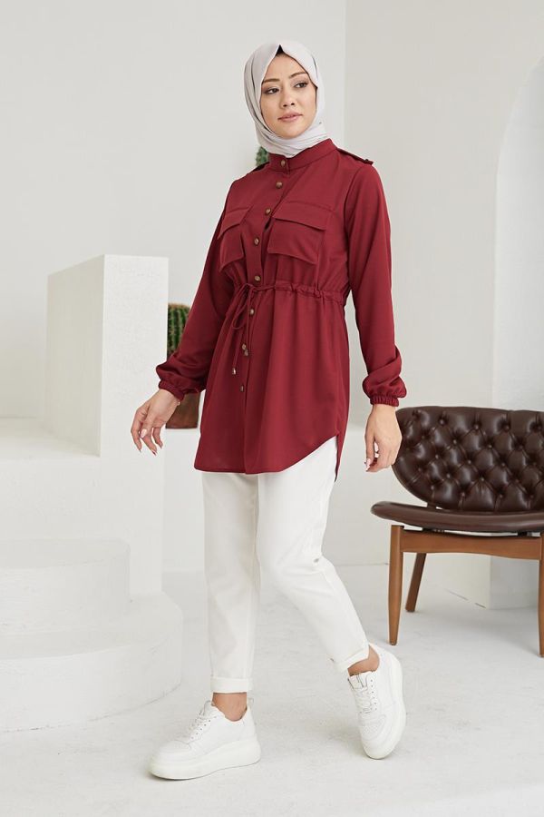 Belden Bağcıklı Tunik-5071 Bordo