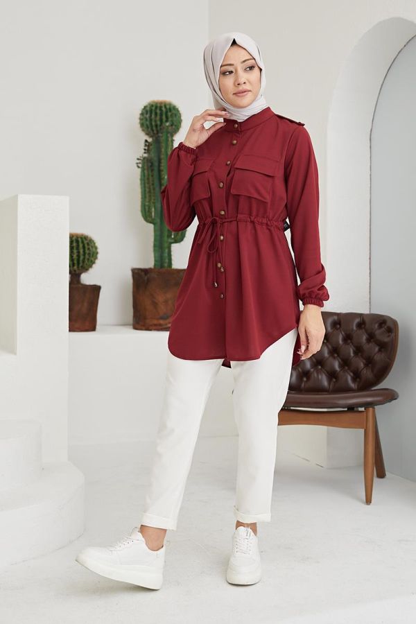 Belden Bağcıklı Tunik-5071 Bordo