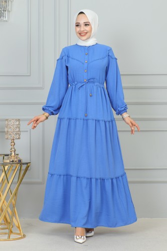 GLN - Belden Bağlamalı Kat Kat Tesettür Elbise-3169 Mavi