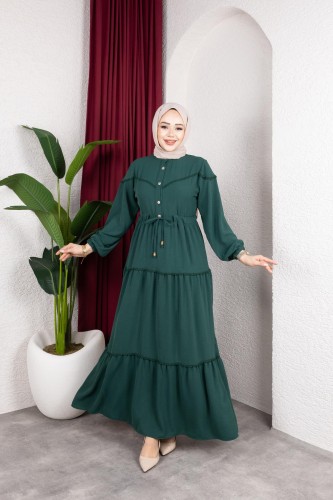 Modaebva - Belden Bağlamalı Tesettür Elbise-5071 Zümrüt yeşili