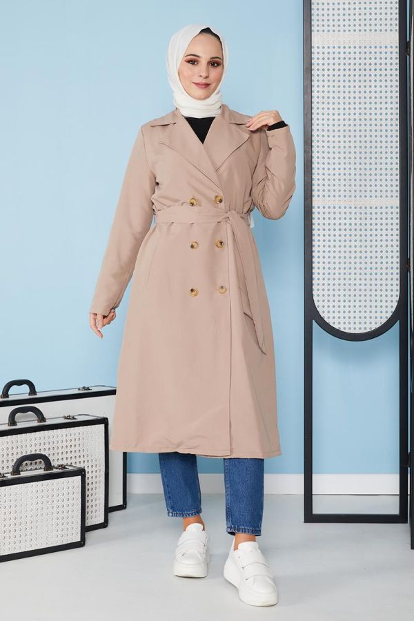 Belden Bağlamalı Trençkot-3104 Bej