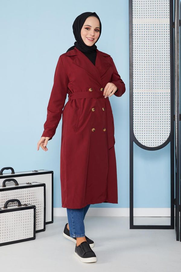 Belden Bağlamalı Trençkot-3104 Bordo