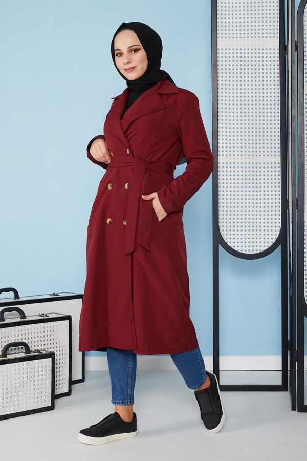 Belden Bağlamalı Trençkot-3104 Bordo