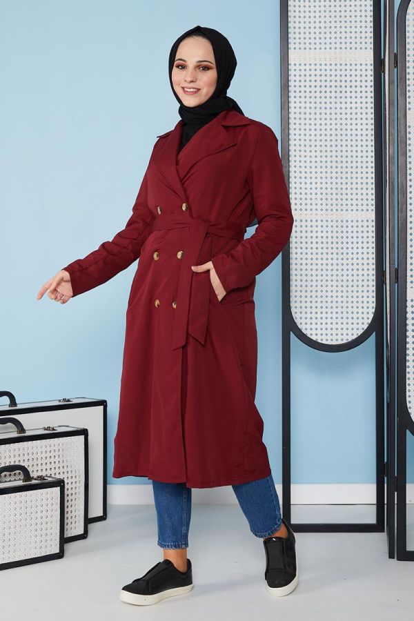 Belden Bağlamalı Trençkot-3104 Bordo