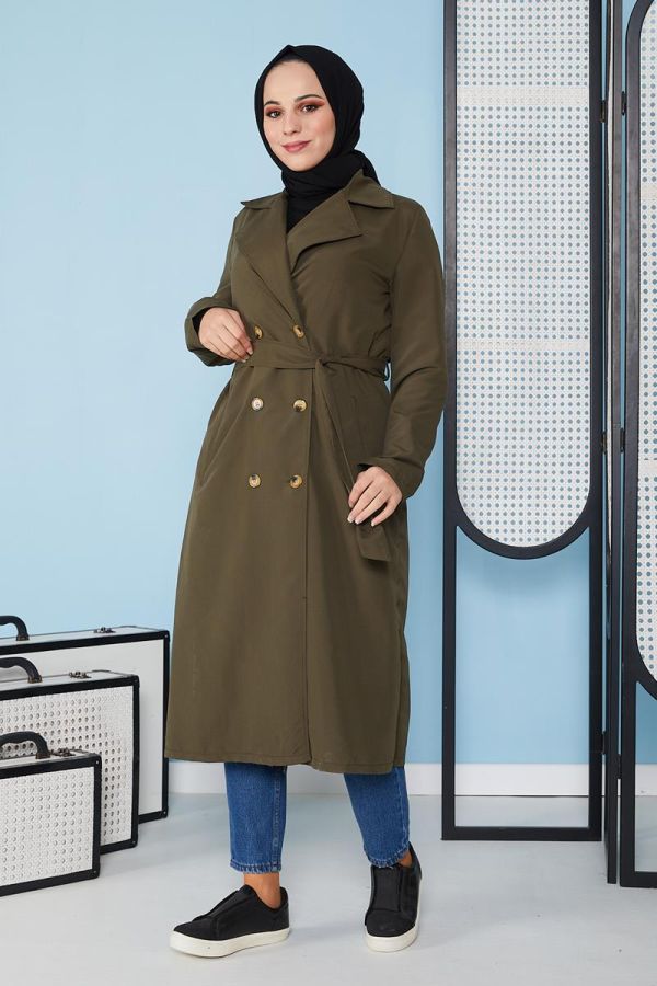 Belden Bağlamalı Trençkot-3104 Hakiyeşili
