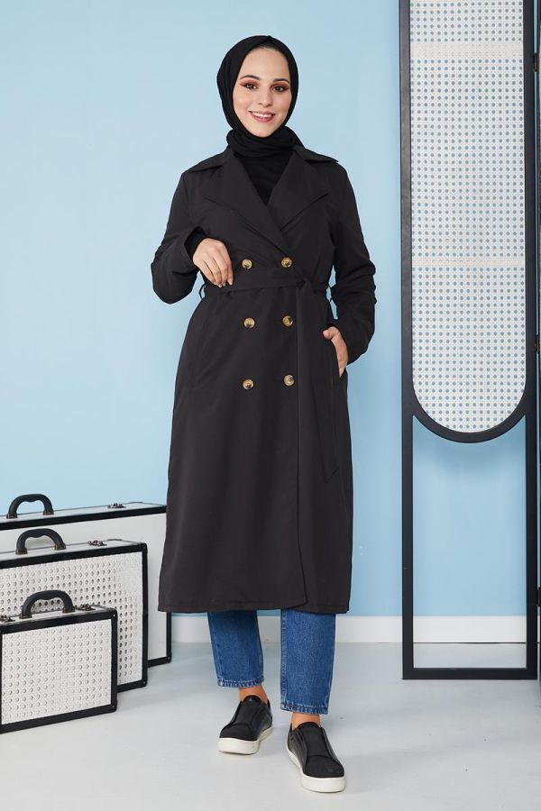 Belden Bağlamalı Trençkot-3104 Siyah