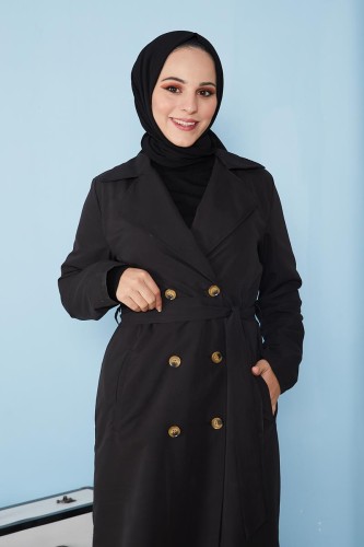 Modaebva - Belden Bağlamalı Trençkot-3104 Siyah (1)