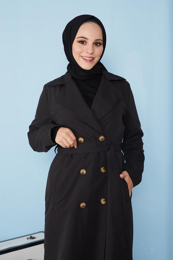 Belden Bağlamalı Trençkot-3104 Siyah