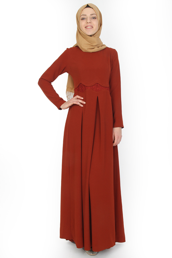 Belden Güpürlü Pileli Elbise Kiremit-ZRD0516
