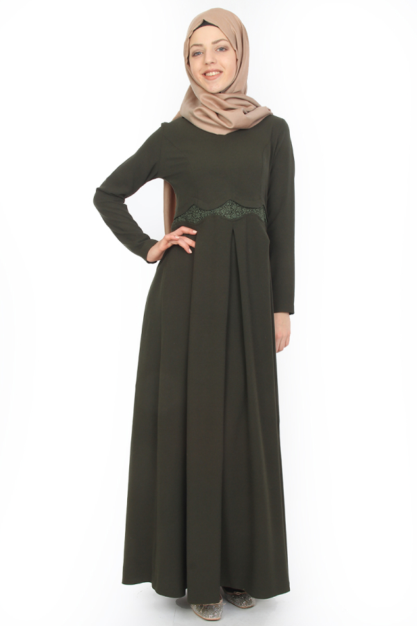 Belden Güpürlü Pileli Elbise Yeşil-ZRD0516