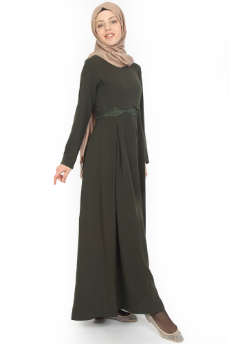 Belden Güpürlü Pileli Elbise Yeşil-ZRD0516 - Thumbnail