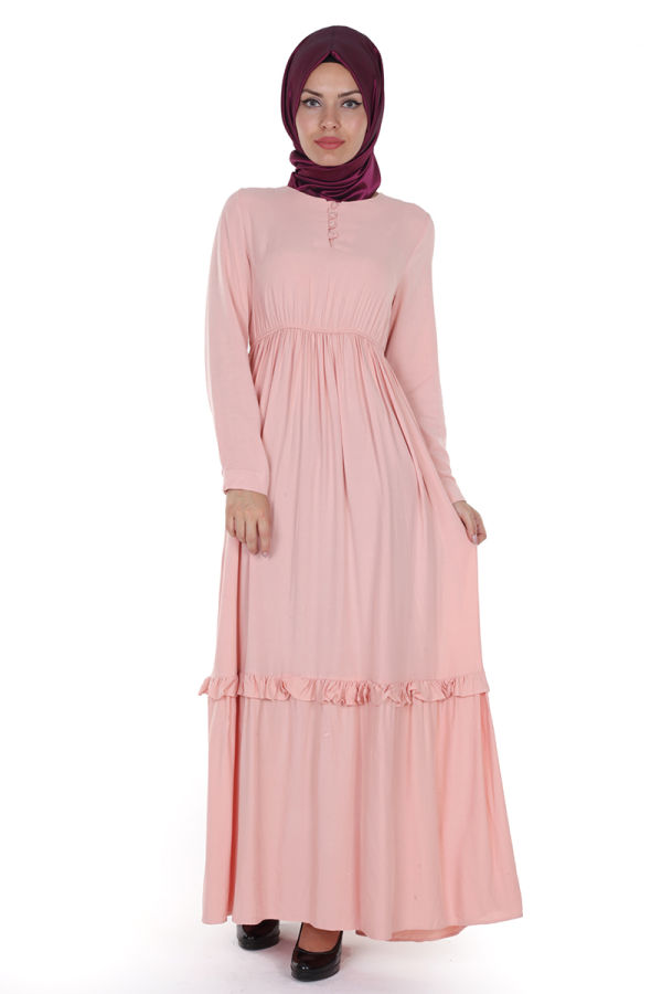 Belden Lastikli Kloş Elbise-ZRD3035 Pudra