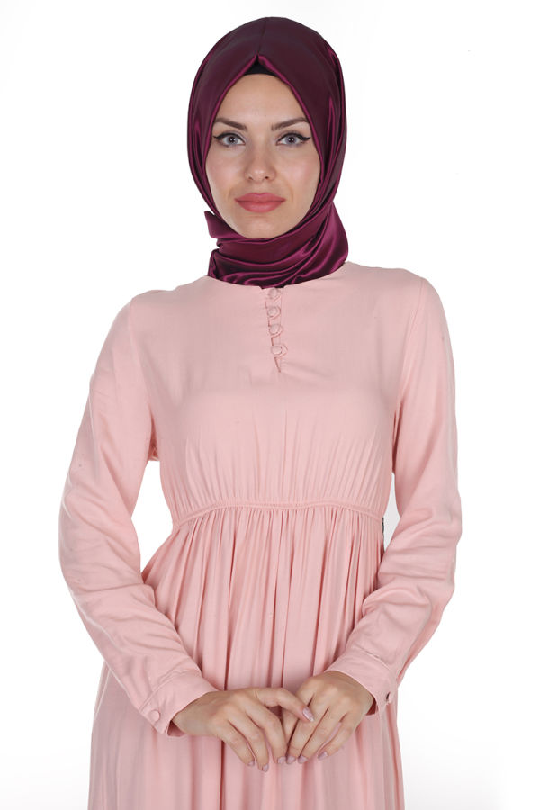 Belden Lastikli Kloş Elbise-ZRD3035 Pudra