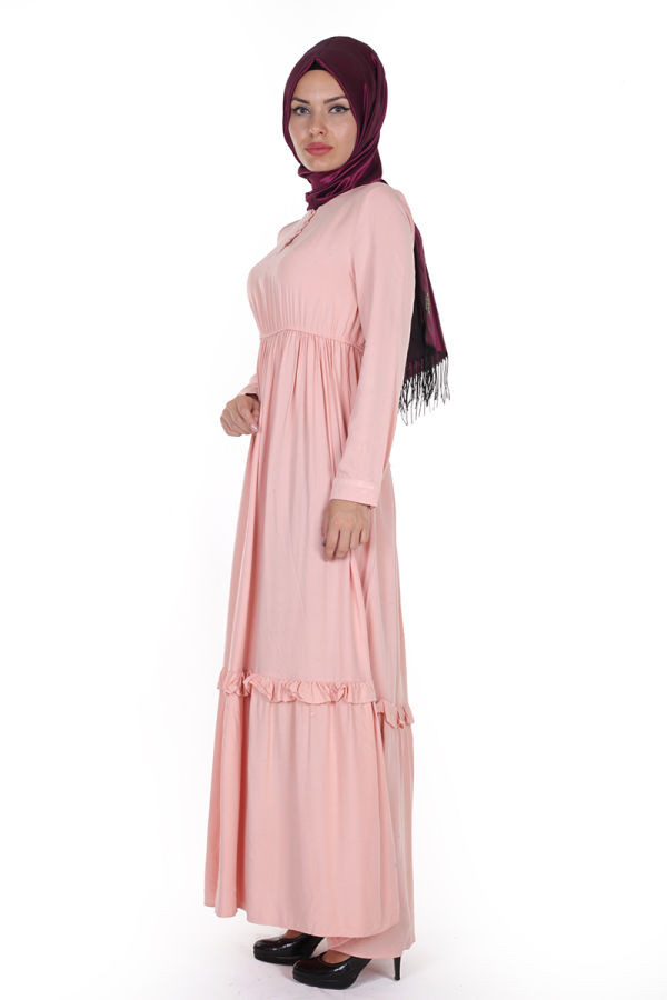 Belden Lastikli Kloş Elbise-ZRD3035 Pudra
