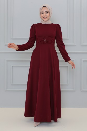 Belden Oturtmalı Toka Detaylı Tesettür Elbise-3139 Bordo - Thumbnail