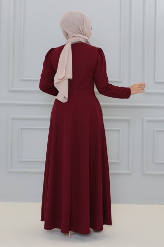 Belden Oturtmalı Toka Detaylı Tesettür Elbise-3139 Bordo - Thumbnail