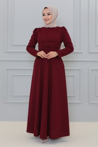 Belden Oturtmalı Toka Detaylı Tesettür Elbise-3139 Bordo - Thumbnail