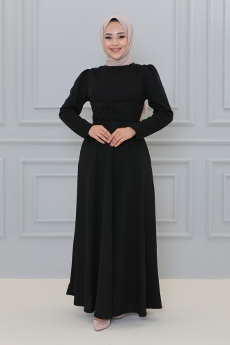 Belden Oturtmalı Toka Detaylı Tesettür Elbise-3139 Siyah - Thumbnail