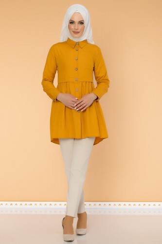 Beli Büzgülü Önden Düğmeli Tunik-8555 Hardal sarısı - Thumbnail