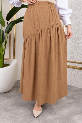 Beli Lastikli Büzgülü Etek-5026 Latte - Thumbnail