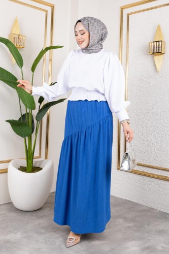 Modaebva - Beli Lastikli Büzgülü Etek-5026 Saks mavisi
