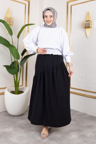 Modaebva - Beli Lastikli Büzgülü Etek-5026 Siyah (1)
