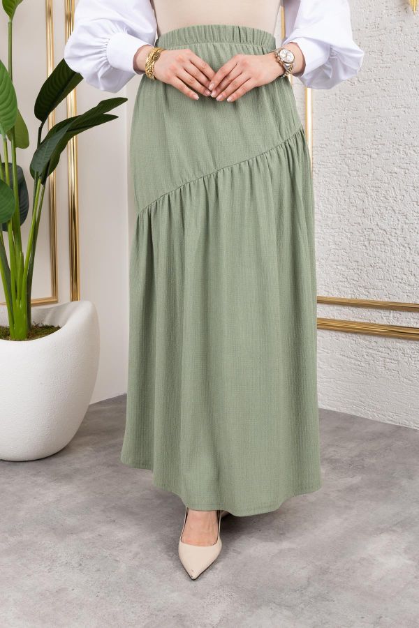 Beli Lastikli Büzgülü Etek-5026 Su yeşili