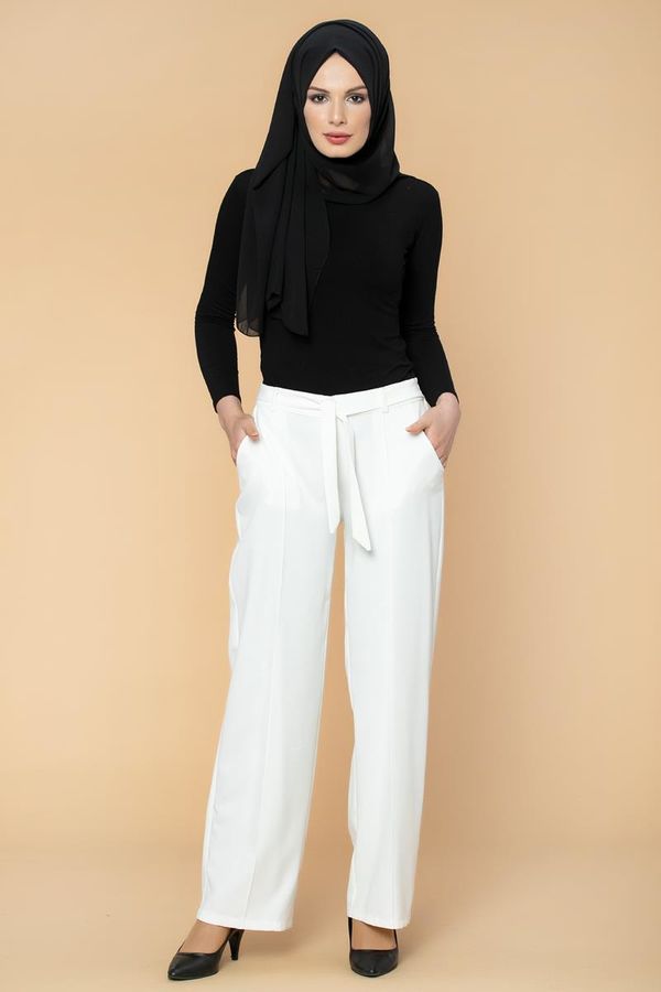 Beli Lastikli Cepli Pantolon-2038 Beyaz