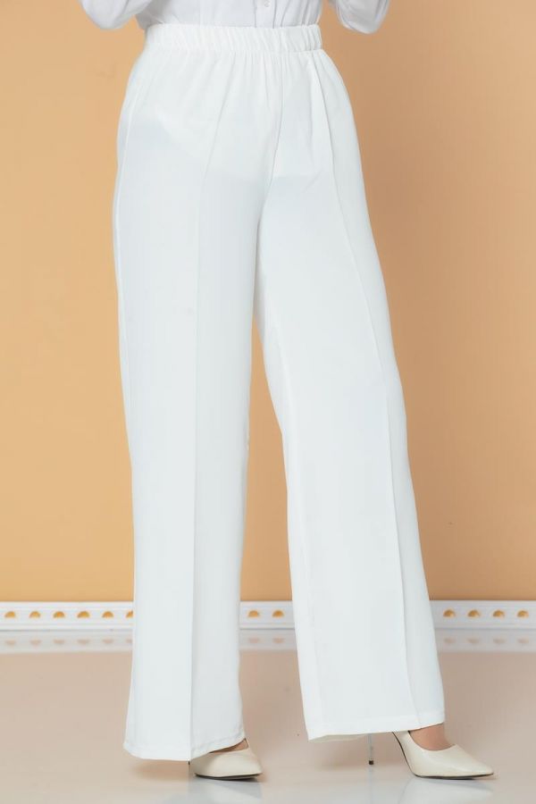 Beli Lastikli Geniş Paça Pantolon-3035 Beyaz