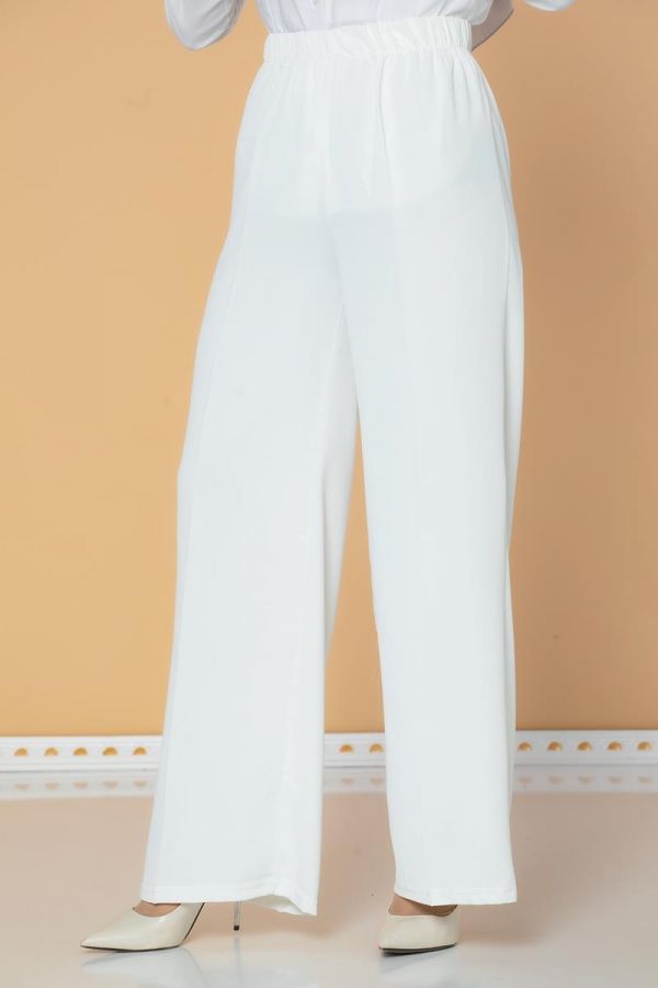 Beli Lastikli Geniş Paça Pantolon-3035 Beyaz