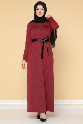 Beli Lastikli Kemerli Tesettür Elbise-3029 Bordo - 3