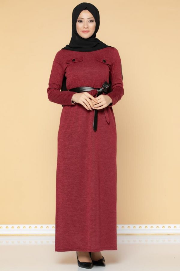 Beli Lastikli Kemerli Tesettür Elbise-3029 Bordo - 1