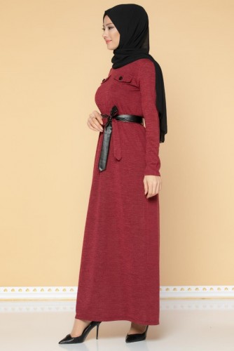 Beli Lastikli Kemerli Tesettür Elbise-3029 Bordo - 4