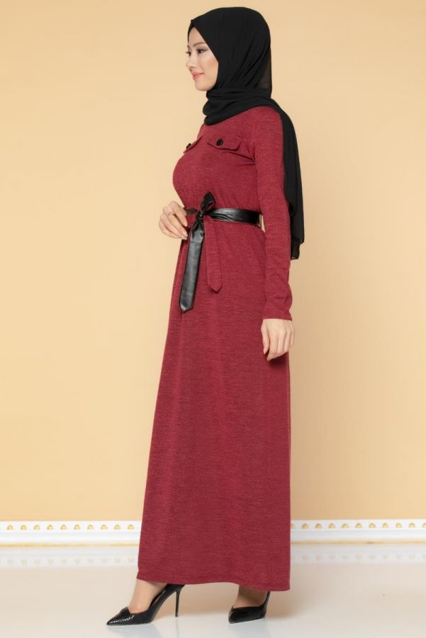 Beli Lastikli Kemerli Tesettür Elbise-3029 Bordo - 4