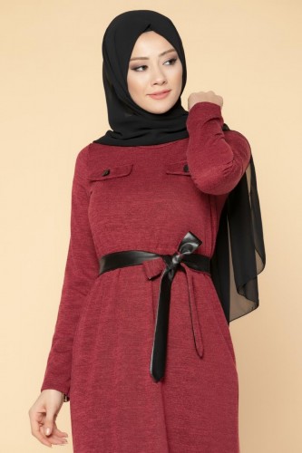 Beli Lastikli Kemerli Tesettür Elbise-3029 Bordo - 2