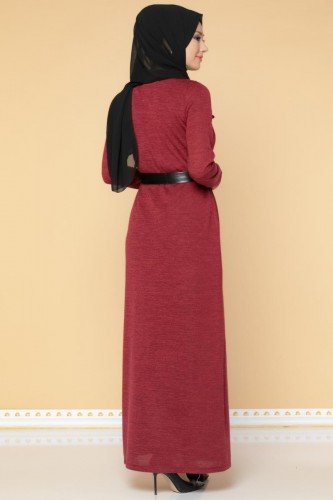 Beli Lastikli Kemerli Tesettür Elbise-3029 Bordo - 5